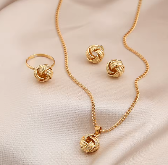 Gold Color Alloy Metal Twist Lucky Knot Earrings Necklace Ring Jewelry A17