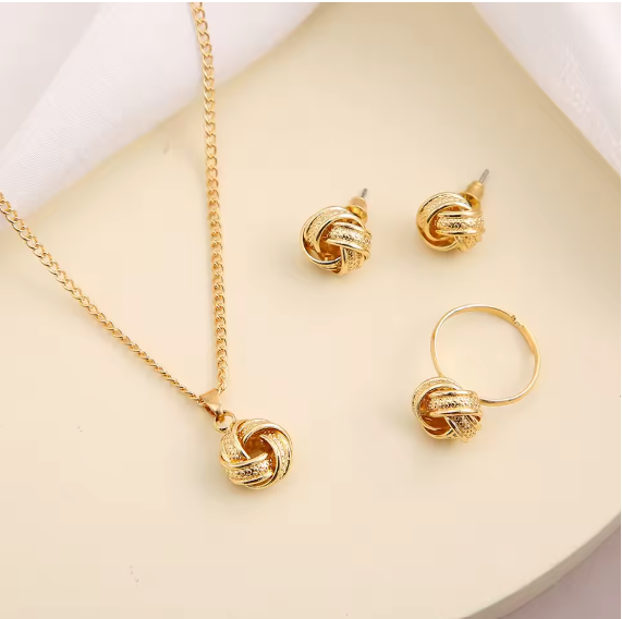 Gold Color Alloy Metal Twist Lucky Knot Earrings Necklace Ring Jewelry A17