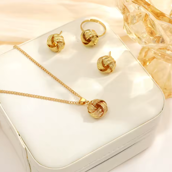 Gold Color Alloy Metal Twist Lucky Knot Earrings Necklace Ring Jewelry A17