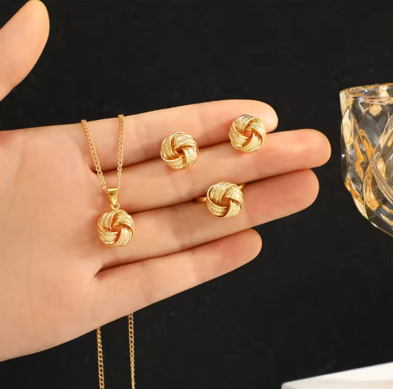 Gold Color Alloy Metal Twist Lucky Knot Earrings Necklace Ring Jewelry A17