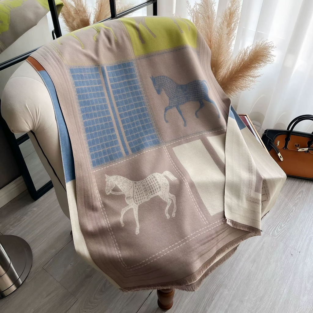 Autumn Winter Scarf Women Pashmina Shawls Horse Print Wraps Cashmere Blanket Warm Thick Chunky Stoles for Lady Outdoor Bufanda