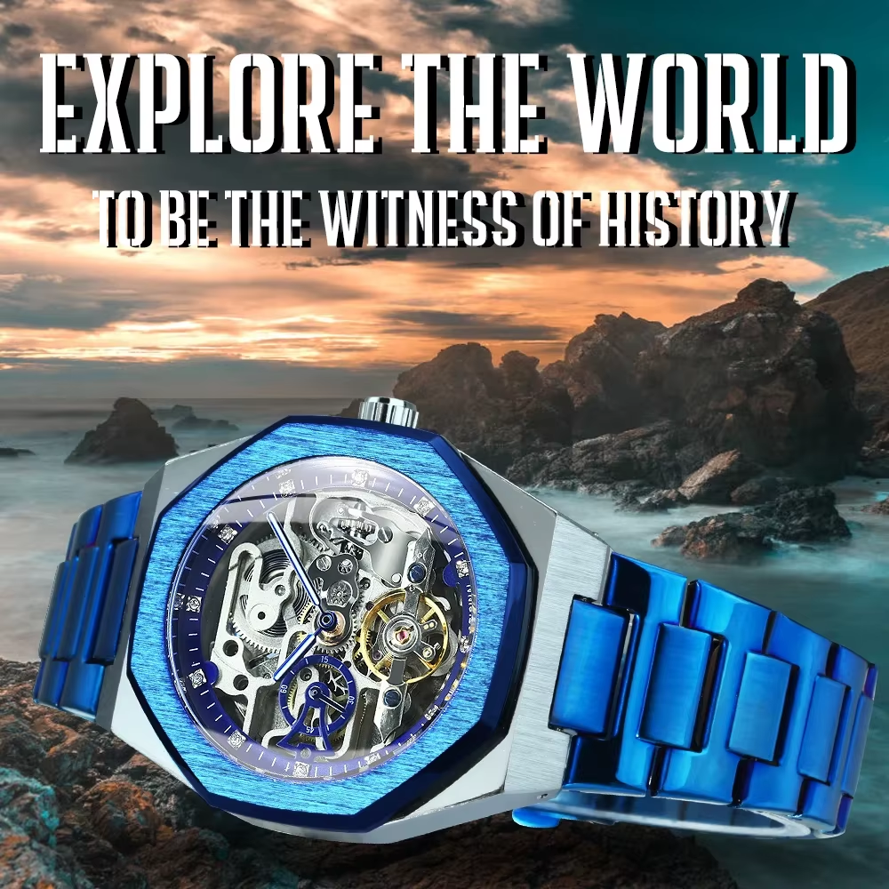 Automatic Mechanical Watch for Men Luminous Hands Stainless Steel Strap Fashion Luxury Skeleton Mens Watches A124bl