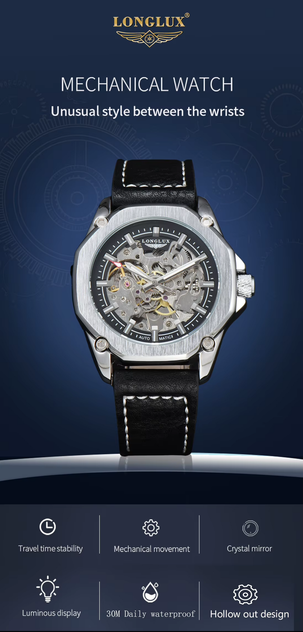LONGLUX Automatic Watch Sport Style Wholesale Mechanical Wristwatches Fashion Hollow Leather