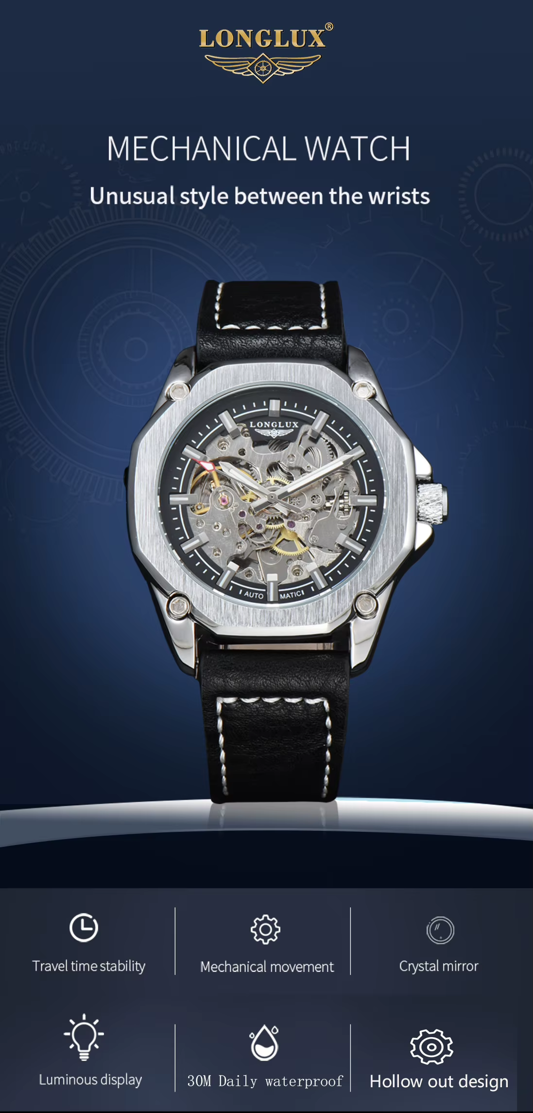 LONGLUX Automatic Watch Sport Style Wholesale Mechanical Wristwatches Fashion Hollow Leather