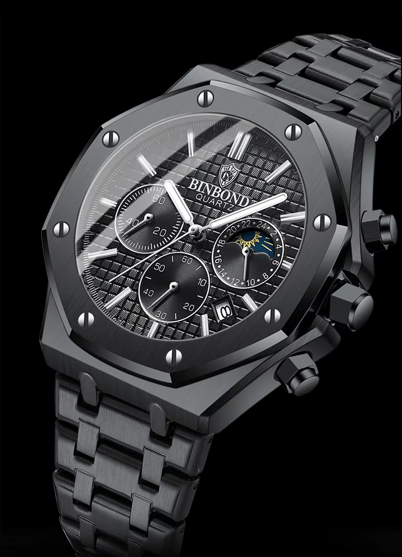 BINBOND Top Brand Watch Luxury  Chronograph Wristwatch Stainless Steel Waterproof Men A112
