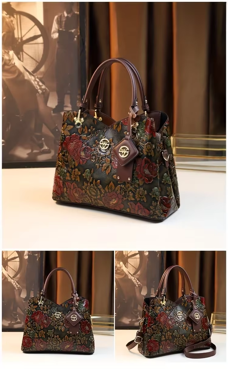 Vintage Flower Pattern Handbag, Luxury PU Leather Tote Bag, Fashion Crossbody Bag For Women A99