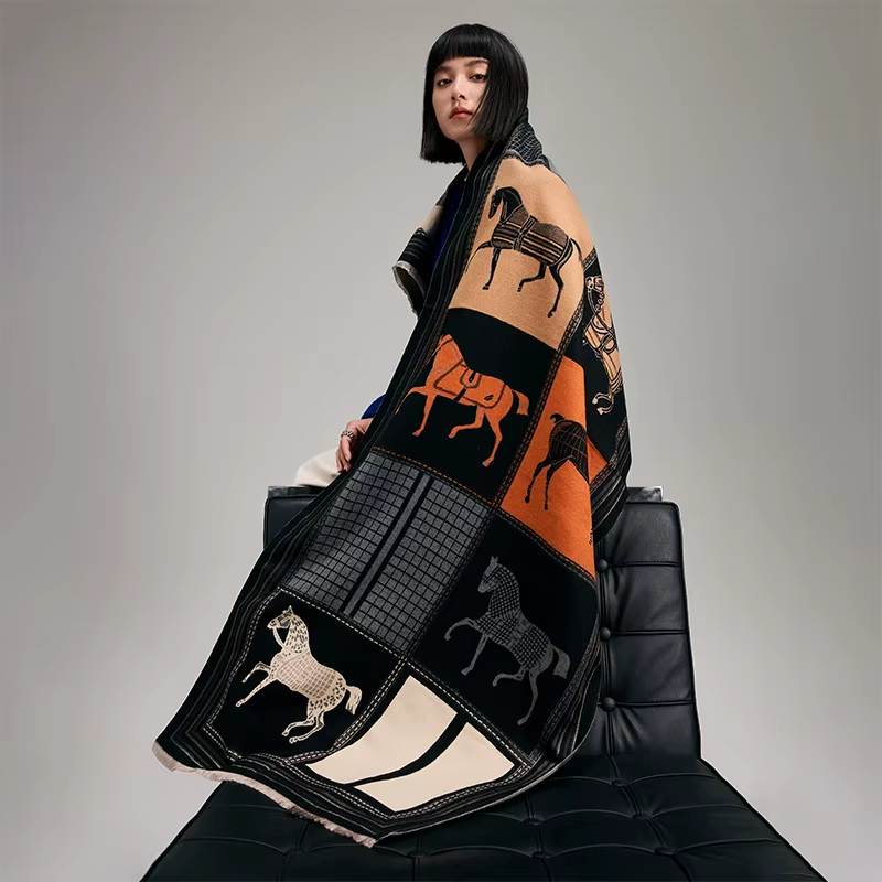 Autumn Winter Scarf Women Pashmina Shawls Horse Print Wraps Cashmere Blanket Warm Thick Chunky Stoles for Lady Outdoor Bufanda