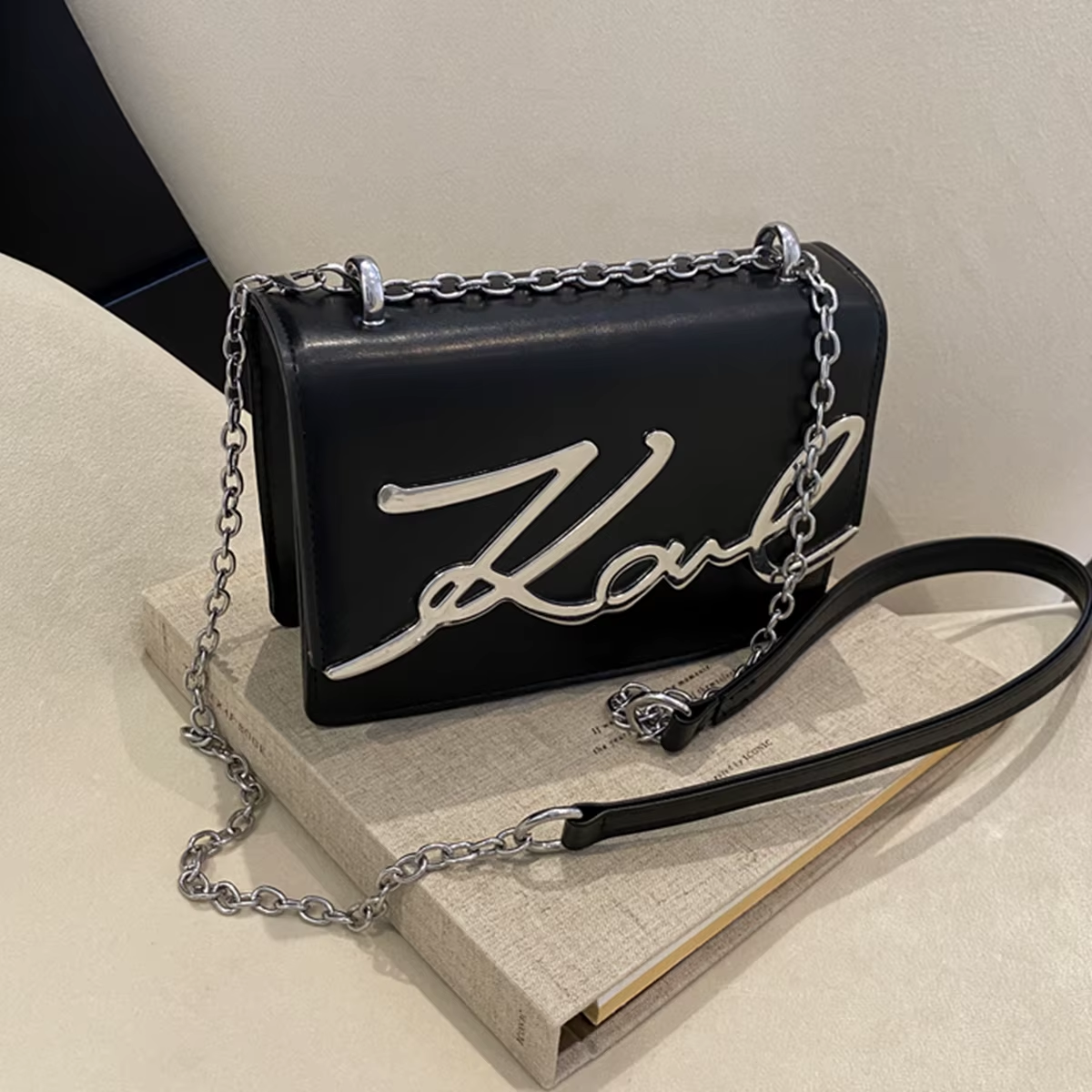 Crossbody Bag Solid Color Shoulder Bag Metal Letter Logo ChainLink A58