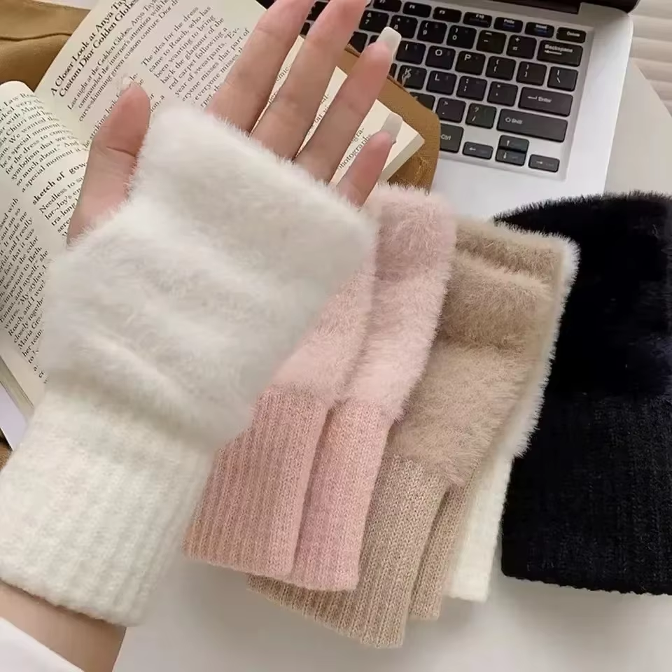 Soft & Warm for Winter, Luxury Solid-Color Plush Knitted Fingerless Gloves A72