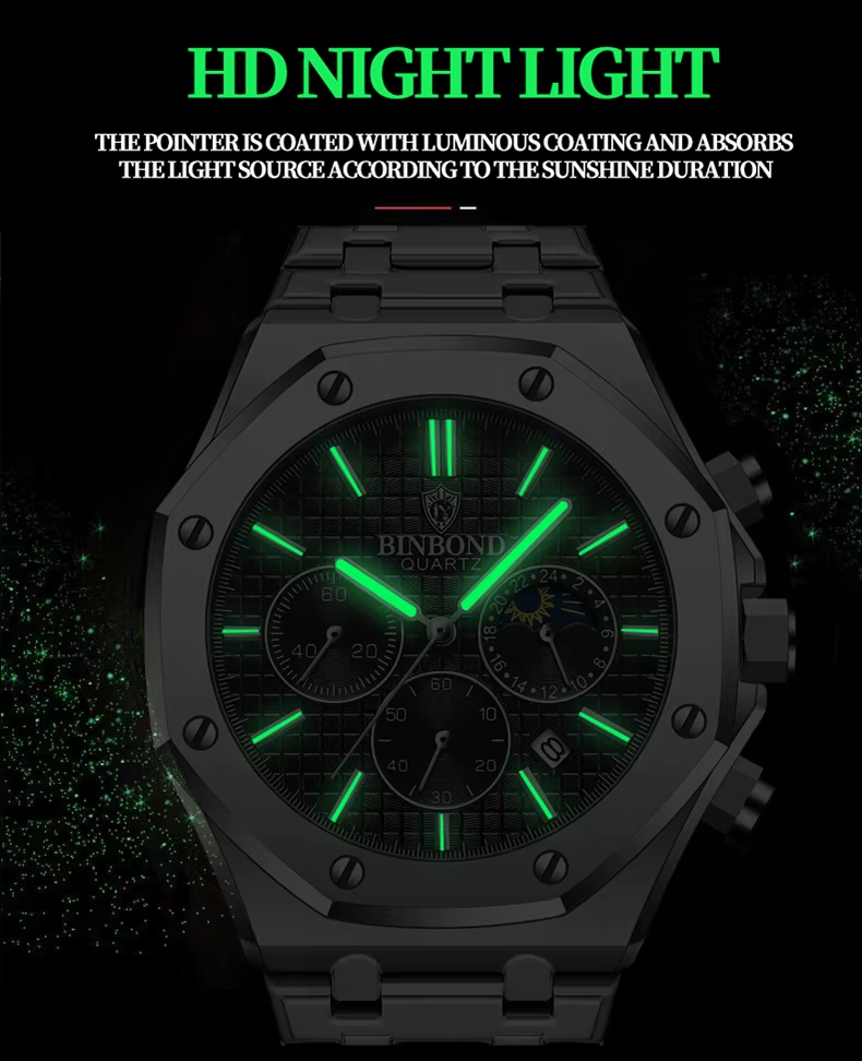 BINBOND Top Brand Watch Luxury  Chronograph Wristwatch Stainless Steel Waterproof Men A112