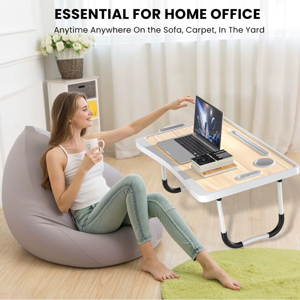 Portable multi-color wooden laptop bed desk with cup holder, suitable for work A68