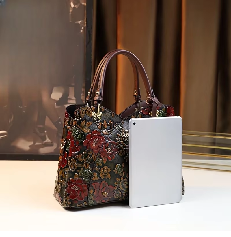 Vintage Flower Pattern Handbag, Luxury PU Leather Tote Bag, Fashion Crossbody Bag For Women A99