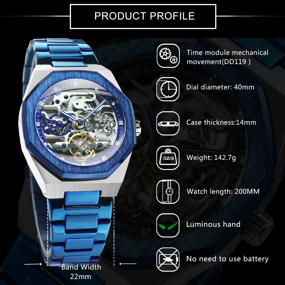 Automatic Mechanical Watch for Men Luminous Hands Stainless Steel Strap Fashion Luxury Skeleton Mens Watches A124bl