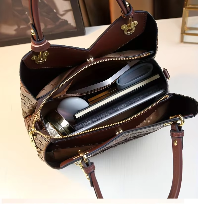 Vintage Flower Pattern Handbag, Luxury PU Leather Tote Bag, Fashion Crossbody Bag For Women A99