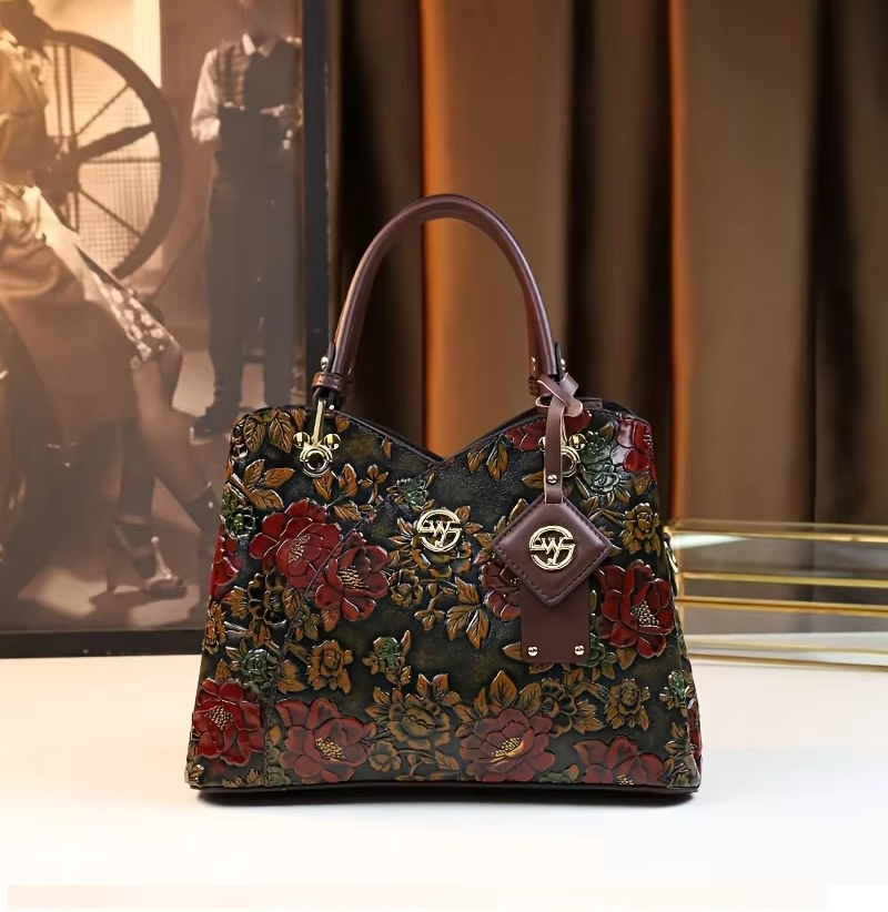 Vintage Flower Pattern Handbag, Luxury PU Leather Tote Bag, Fashion Crossbody Bag For Women A99