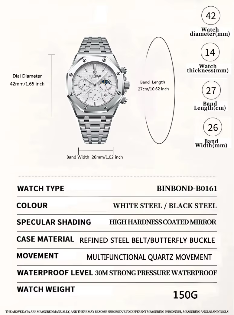 BINBOND Top Brand Watch Luxury  Chronograph Wristwatch Stainless Steel Waterproof Men A112