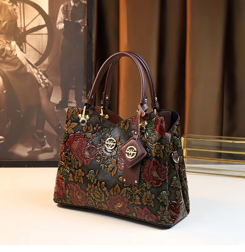 Vintage Flower Pattern Handbag, Luxury PU Leather Tote Bag, Fashion Crossbody Bag For Women A99