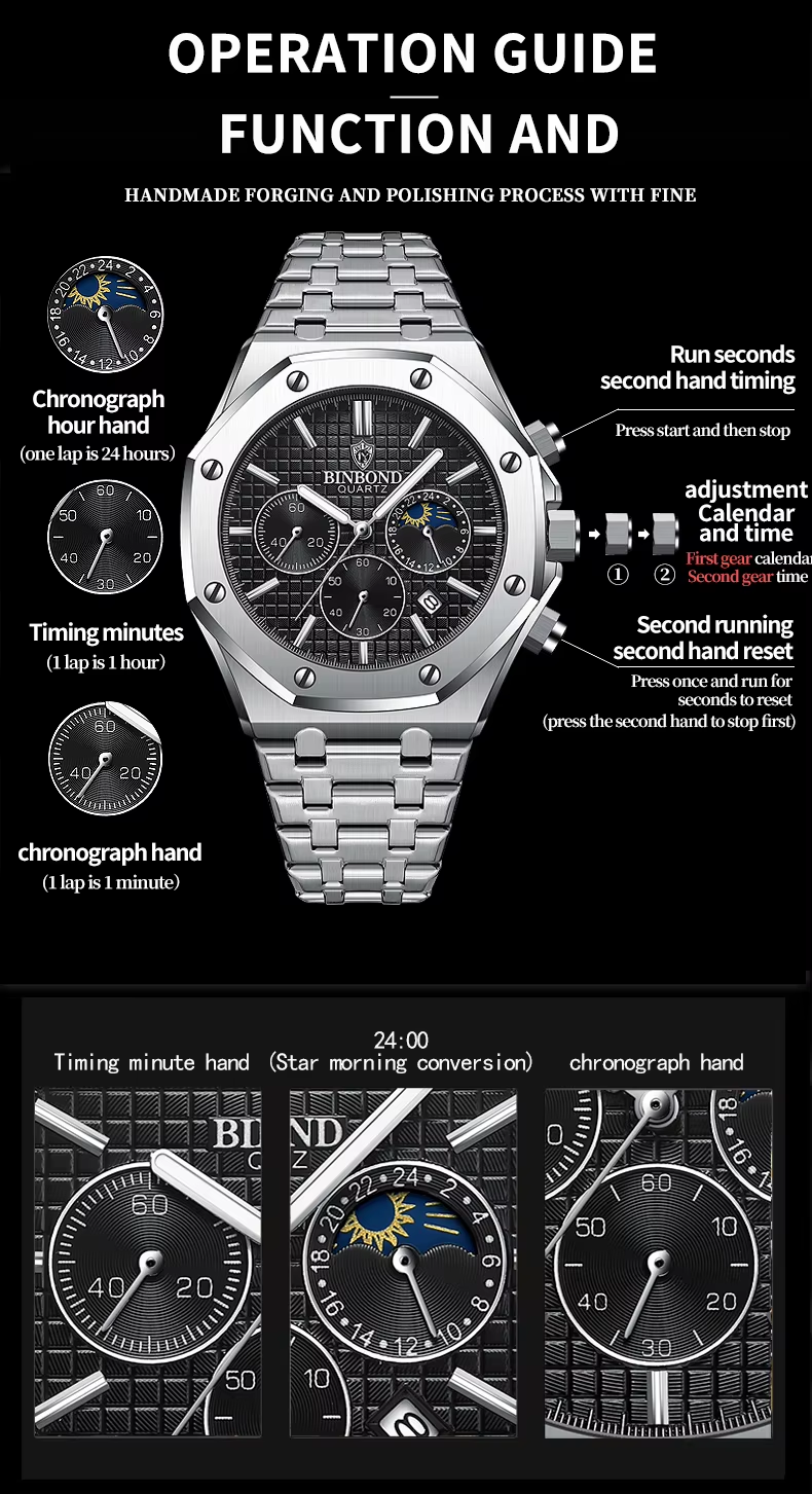 BINBOND Top Brand Watch Luxury  Chronograph Wristwatch Stainless Steel Waterproof Men A112