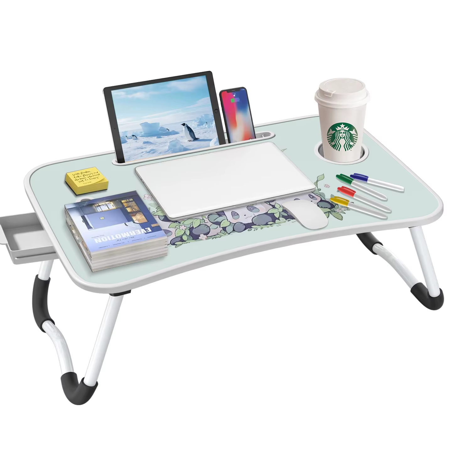 Portable multi-color wooden laptop bed desk with cup holder, suitable for work A68
