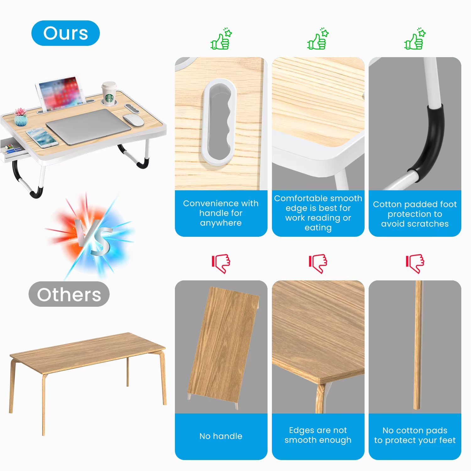Portable multi-color wooden laptop bed desk with cup holder, suitable for work A68