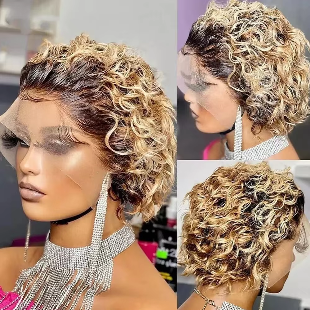Colored Lace Wig Spring curl Short Bob Human Hair Wig For Women Natural 13X1 A94