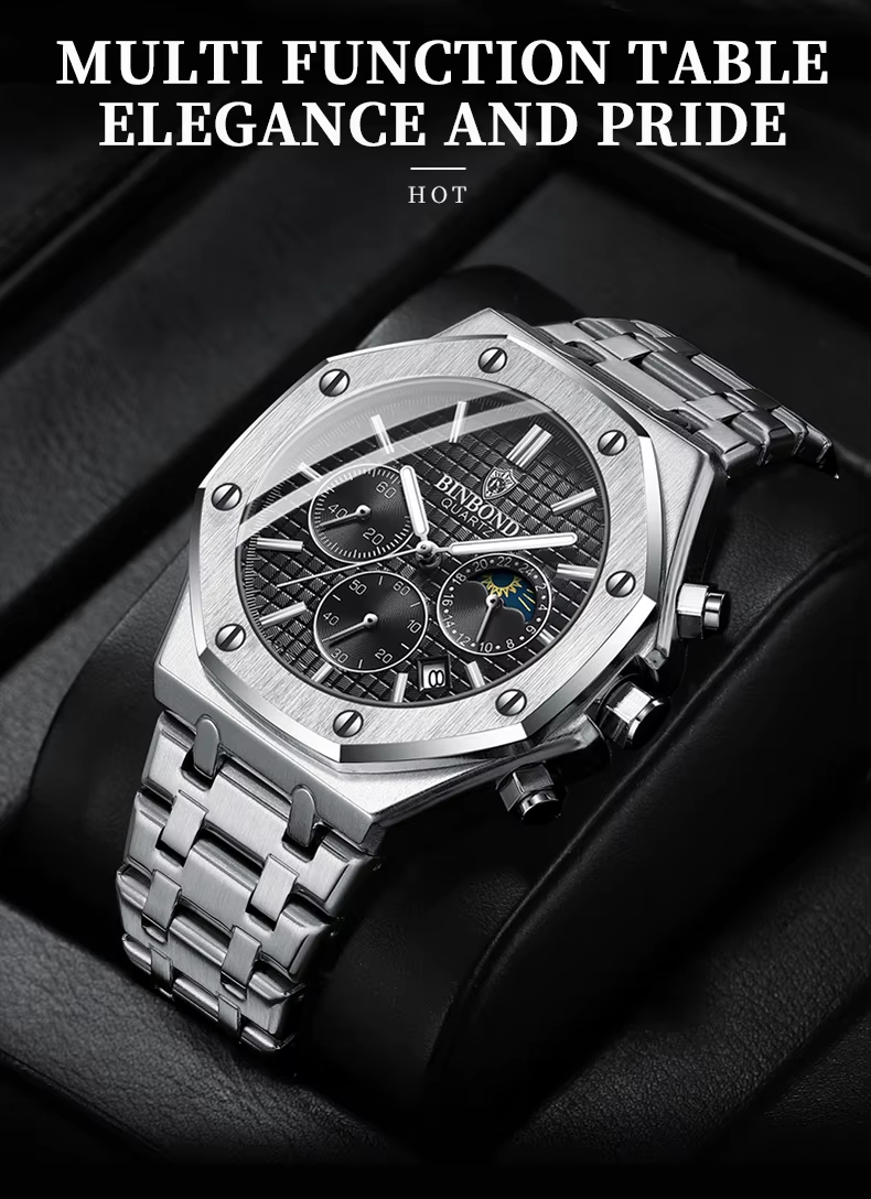 BINBOND Top Brand Watch Luxury  Chronograph Wristwatch Stainless Steel Waterproof Men A112