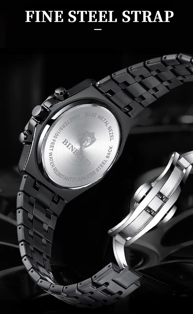 BINBOND Top Brand Watch Luxury  Chronograph Wristwatch Stainless Steel Waterproof Men A112
