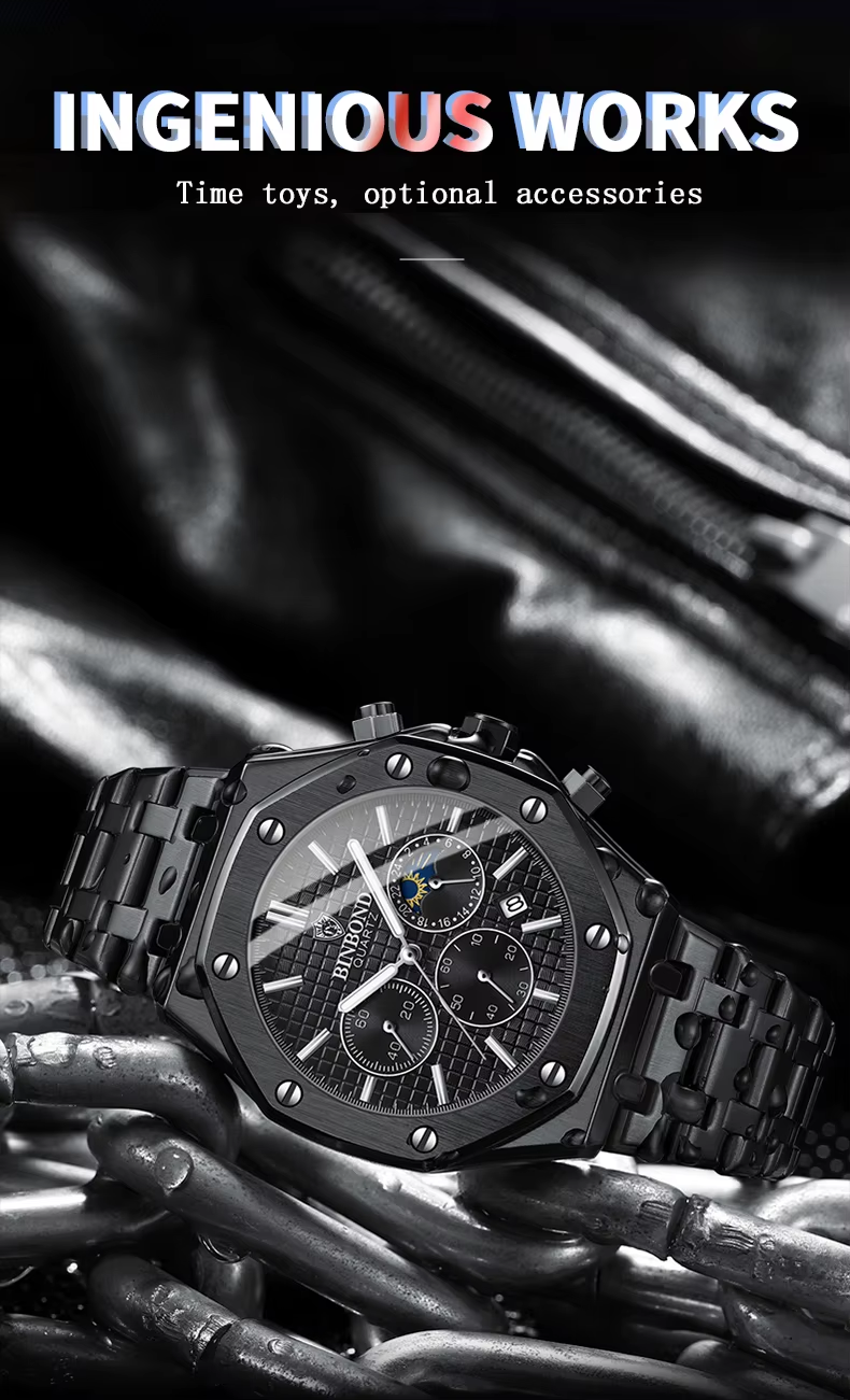 BINBOND Top Brand Watch Luxury  Chronograph Wristwatch Stainless Steel Waterproof Men A112