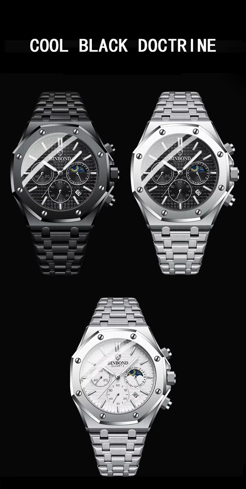 BINBOND Top Brand Watch Luxury  Chronograph Wristwatch Stainless Steel Waterproof Men A112