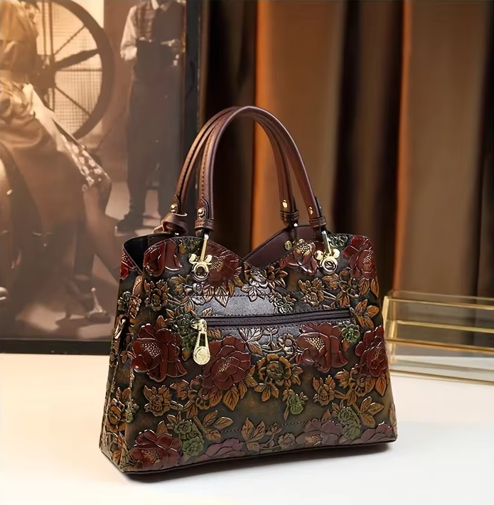 Vintage Flower Pattern Handbag, Luxury PU Leather Tote Bag, Fashion Crossbody Bag For Women A99