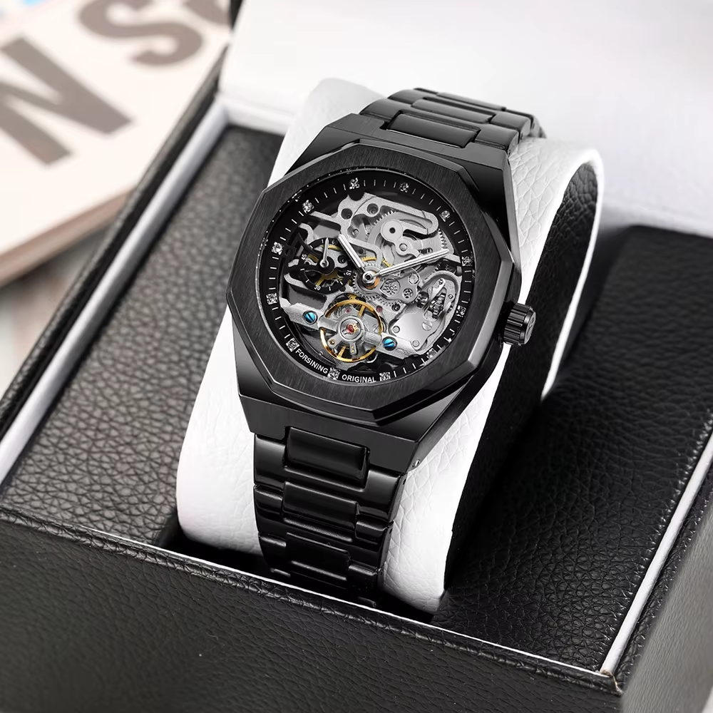 Automatic Mechanical Watch for Men Luminous Hands Stainless Steel Strap Fashion Luxury Skeleton Mens Watches A124b