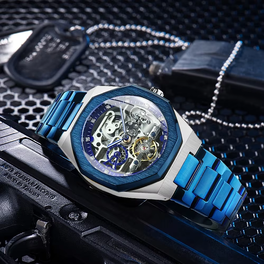 Automatic Mechanical Watch for Men Luminous Hands Stainless Steel Strap Fashion Luxury Skeleton Mens Watches A124bl